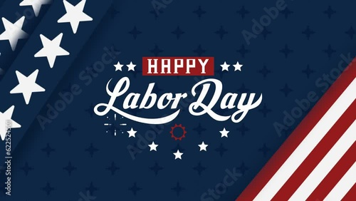 Animation of USA happy labor day, lettering text with USA flag background and fireworks splash