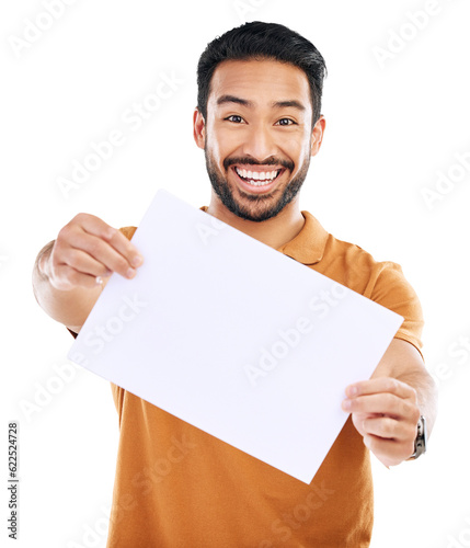 Happy man, poster mockup and advertising board, presentation and ambassador isolated on png transparent background. Male person with smile, portrait and show card, sign with news and brand marketing photo