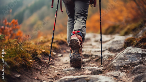 Hiker woman with trekking stick climbs steep on mountain