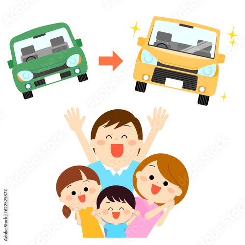 車の新車買い替えに喜ぶ家族