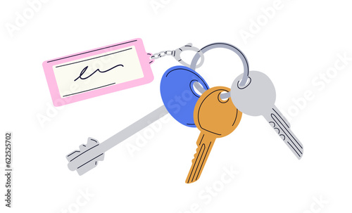 Door keys and trinket, plastic tag hanging on keyring. Keyholder, ring with house, apartment, room locking accessories. Private access. Flat vector illustration isolated on white background