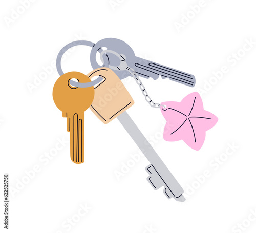 Door keys bunch hanging on keyring, keyholder. Keychain, ring with star trinket, pendant, home apartment, room and postbox locking accessories. Flat vector illustration isolated on white background