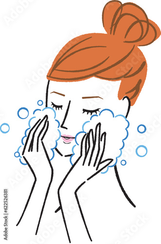 手描き　フルカラー　線画　美容女性　泡洗顔