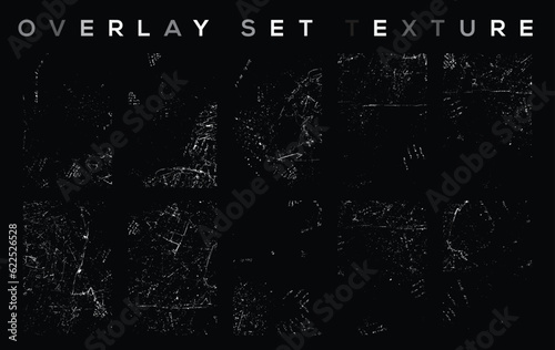 Overlay textures set stamp with grunge effect. Old damage Dirty grainy and scratches. Set of different distressed black grain texture. Distress overlay vector textures.	