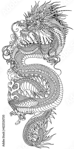 Chinese or East Asian dragon in vertical position. A head facing towards the left side and baring its teeth, a serpent-like body, elegantly coiled around a central focal point. Traditional tattoo styl