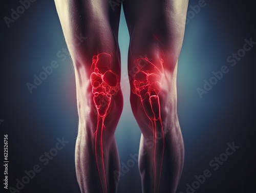 Human knee joint with painful rheumatoid arthritis disease area glowing red. Generative AI