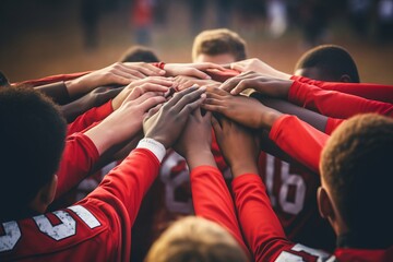 Teenage boy high school football team connecting hands in huddle  - Generative AI