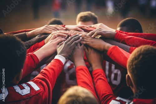 Photo Teenage boy high school football team connecting hands in huddle  - Generative A