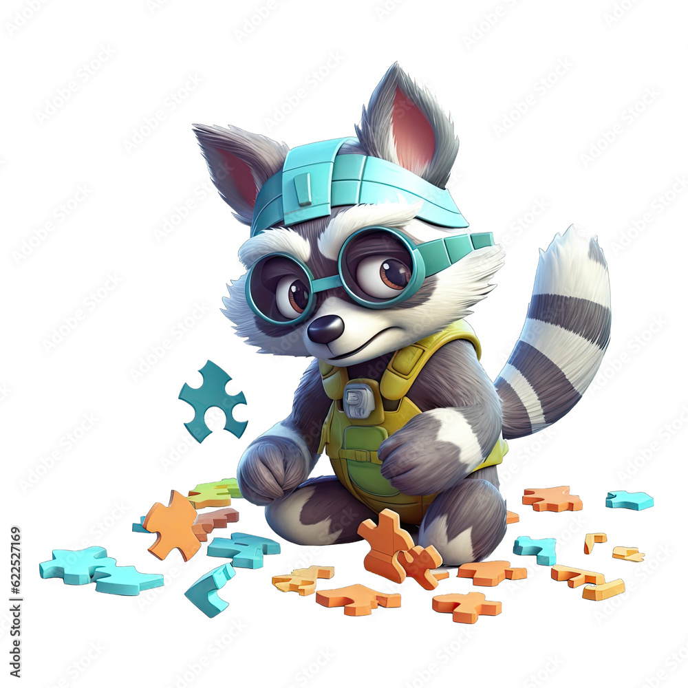 Clever Raccoon with a Masked Face Solving Puzzles - Plasticine Illustration 1