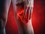 Human knee joint with painful rheumatoid arthritis disease area glowing red. Generative AI