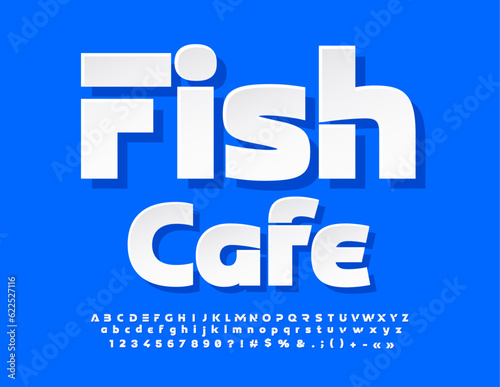 Vector bright flyer Fish Cafe. Unique White sticker Font. Creative style set of futuristic Alphabet Letters and Numbers