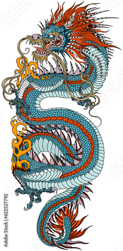 Chinese azure or blue dragon in vertical position. A head facing towards the left side and baring its teeth, a serpent-like body, elegantly coiled around a central focal point. Traditional tattoo