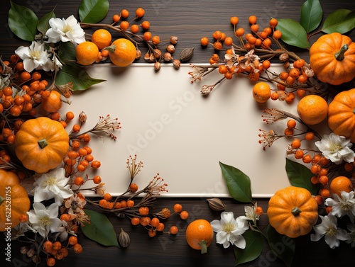 Festive autumn decor with blank white copy space surrounded by white pumpkins, candles, autumn leaves, ashberries in corners. Flat lay autumn composition. Thanksgiving banner for text. Generative AI