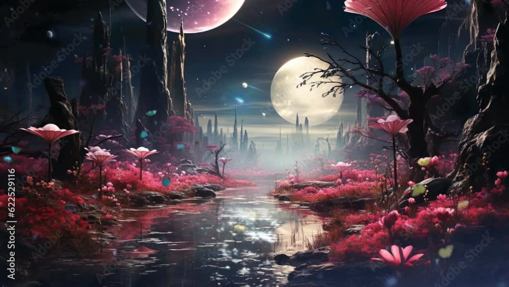 Fantasy dream night at the forest with lotus, butterflies, shining lake, big moon and planet, shooting stars. Loop animation