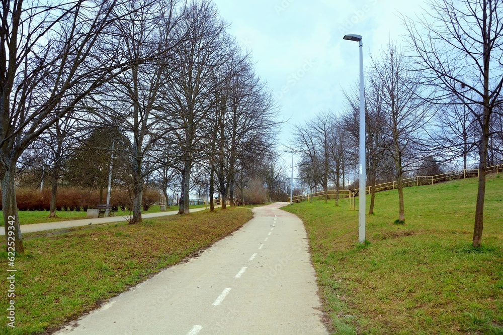 Bicycle road running through the park with a landscape of bare trees and grass fields in the park in the early spring of April
