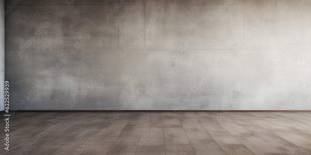 empty room with distressed bare grunge concrete wall and wooden floor