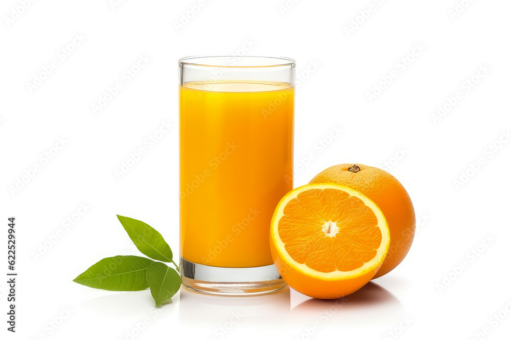 100% Organic Fresh orange juice in the glass with slices of oranges and green leaf isolated on white background , Created with Generate Ai Technology 100% Organic Fresh orange juice in the glass with slices of oranges and green leaf isolated on white background , Created with Generate Ai Technology