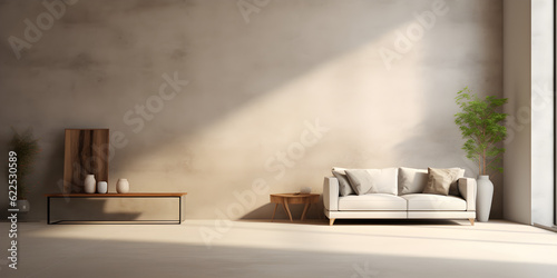 empty room with window living room interior wall mock up in natural grey tones with sofa plant and table