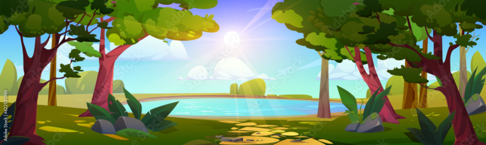 Lake in forest park vector landscape background. Summer nature scenery environment for adventure game cartoon illustration. Explore foliage wilderness scene with sun light ray graphic wallpaper