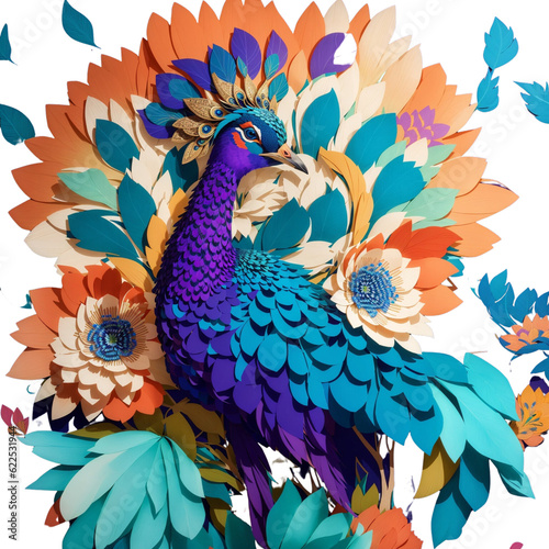 colorful kirigami peafowl in flower background. 