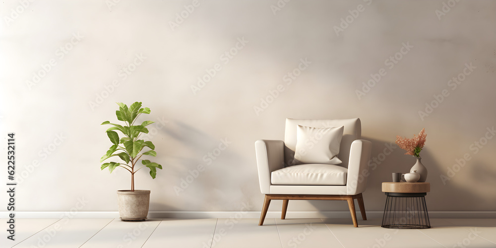 empty room interior in modern loft style house with armchair table and plant on plain blank white wall empty room interior in modern loft style house with armchair table and plant on plain blank white wall
