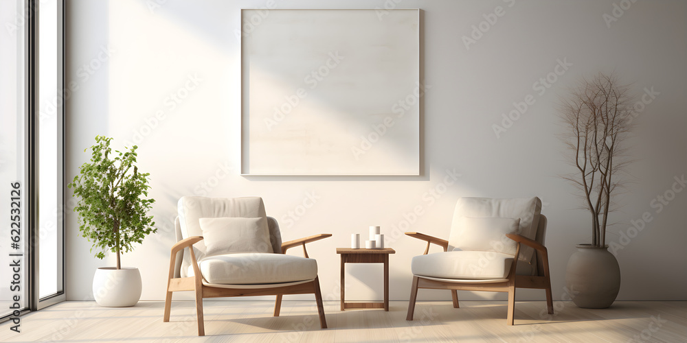 Fototapeta premium empty room interior in modern loft style house with armchair table and plant on plain blank white wall poster mock up