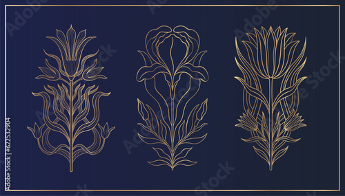 Floral flower in art nouveau 1920-1930. Hand drawn tulip in a linear style with weaves of lines, leaves and flowers.