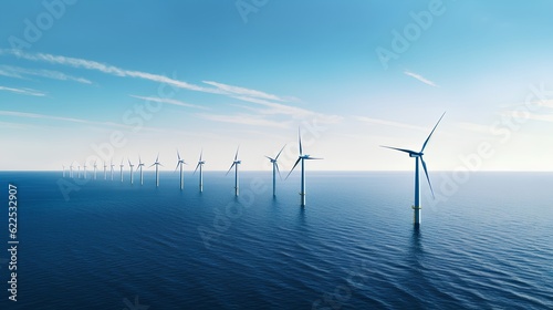 An offshore wind farm stands tall amidst blue waters and under expansive blue skies, with white wind turbines harnessing nature's power. Generative AI