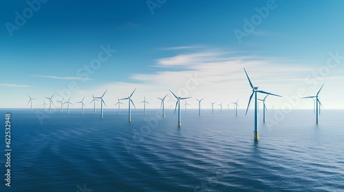 An offshore wind farm stands tall amidst blue waters and under expansive blue skies, with white wind turbines harnessing nature's power. Generative AI