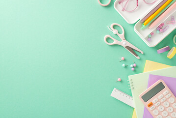 Transform your learning space with this stunning setup. Top view highlights girlish diaries, pencil case, pens, adhesive tape, scissors, ruler on teal backdrop, providing empty area for text or advert