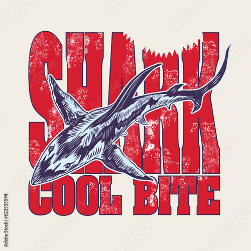 Shark cool bite.Hand drawn vintage label with a shark and lettering. For apparel t shirt fashion design and or other uses 