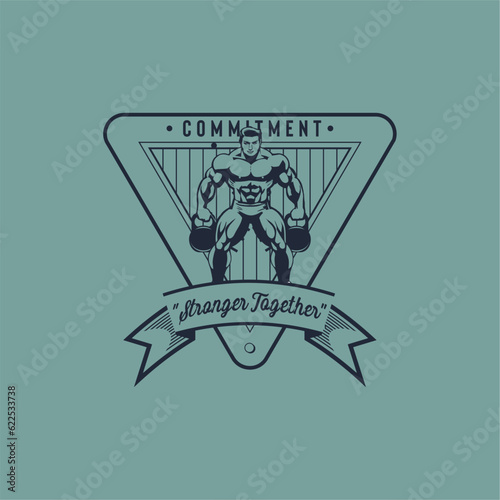 Vintage Fitness Man Gym Sport Commitment Stronger Together Logo Vector Badge