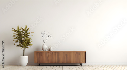 Mockup white wall background Modern living room decor with a tv cabinet and plants mock up