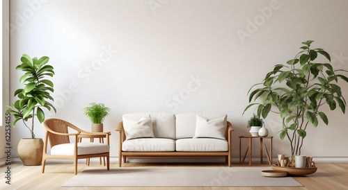 Mockup living room interior with sofa armchair and plants on empty white wall background mock up