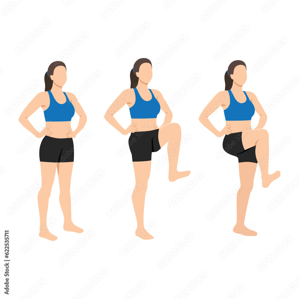 Woman doing standing knee raises. Abdominal exercise. Flat vector illustration isolated on white background Woman doing standing knee raises. Abdominal exercise. Flat vector illustration isolated on white background