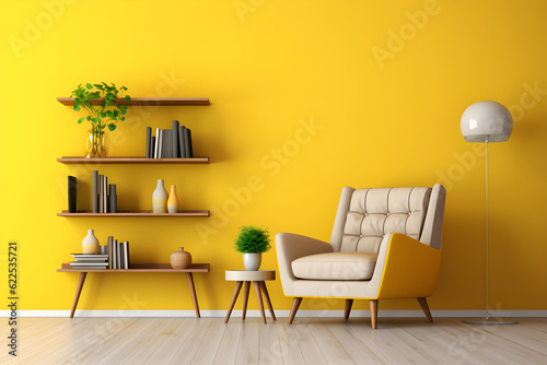 modern minimalistic living room interior - empty yellow wall with chair shelves and side table mock up background