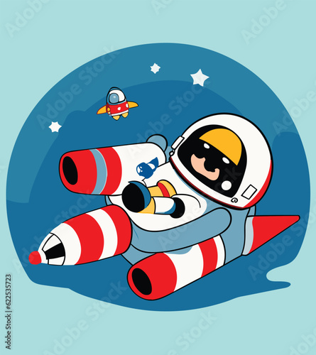 Astronaut riding rocket in the space, vector cartoon illustration