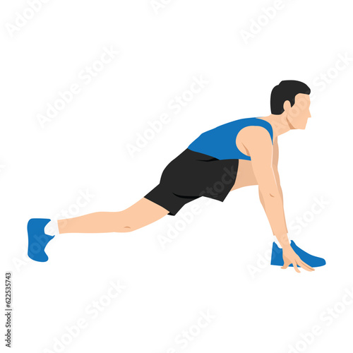 Man doing stretch tight hamstring exercise. Flat vector illustration isolated on white background