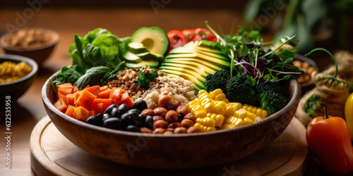 Vegan and gluten - free meal buddha bowl, Colorful assortment of fresh vegetables and grains. AI Generative.