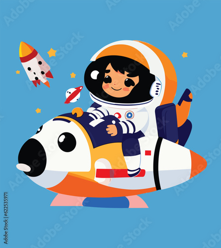 Cute astronaut boy riding space rocket. Flat vector cartoon design © Mohd