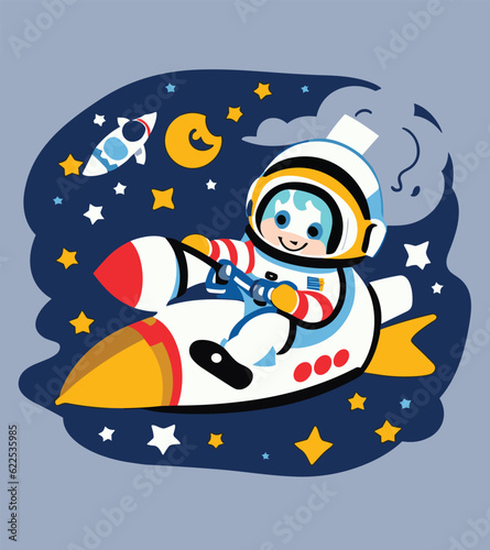 Cute astronaut boy riding space rocket. Flat vector cartoon design