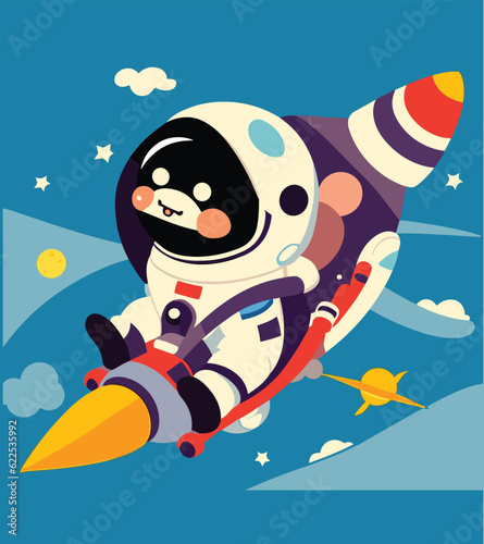 Cute astronaut boy riding space rocket. Flat vector cartoon design © Mohd