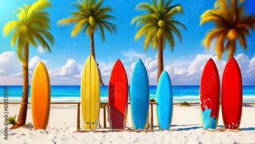 Surfboard and palm trees on a beach, summer vacation concept, generative ai illustration