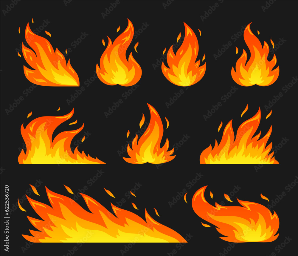 Hot temperature comic dangerous flame fires. Cartoon fire flames. Red campfire fiery flat silhouette set. Burning blazing wildfire, glow bonfire emoticon stickers isolated on black background