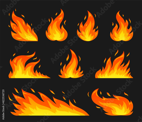 Hot temperature comic dangerous flame fires. Cartoon fire flames. Red campfire fiery flat silhouette set. Burning blazing wildfire, glow bonfire emoticon stickers isolated on black background