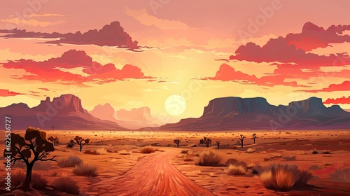 A desert sunset with dunes, mountains, and clouds. (Generative AI)
