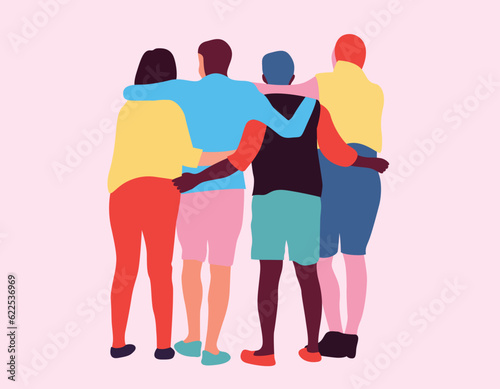 Friends. Illustration of diferent people hugging together. Friendship and togetherness illustration. Vector.