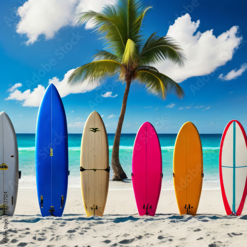 Surfboard and palm trees on a beach, summer vacation concept, generative ai illustration