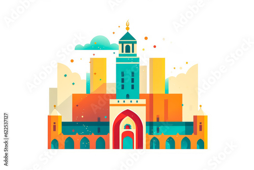 Charming abstract representation of Moroccan architecture; minimalist, geometric skyline rich with vibrant Medina color palette. Generative AI