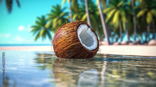 Coconut floating in water, close-up shot, World Coconut Day